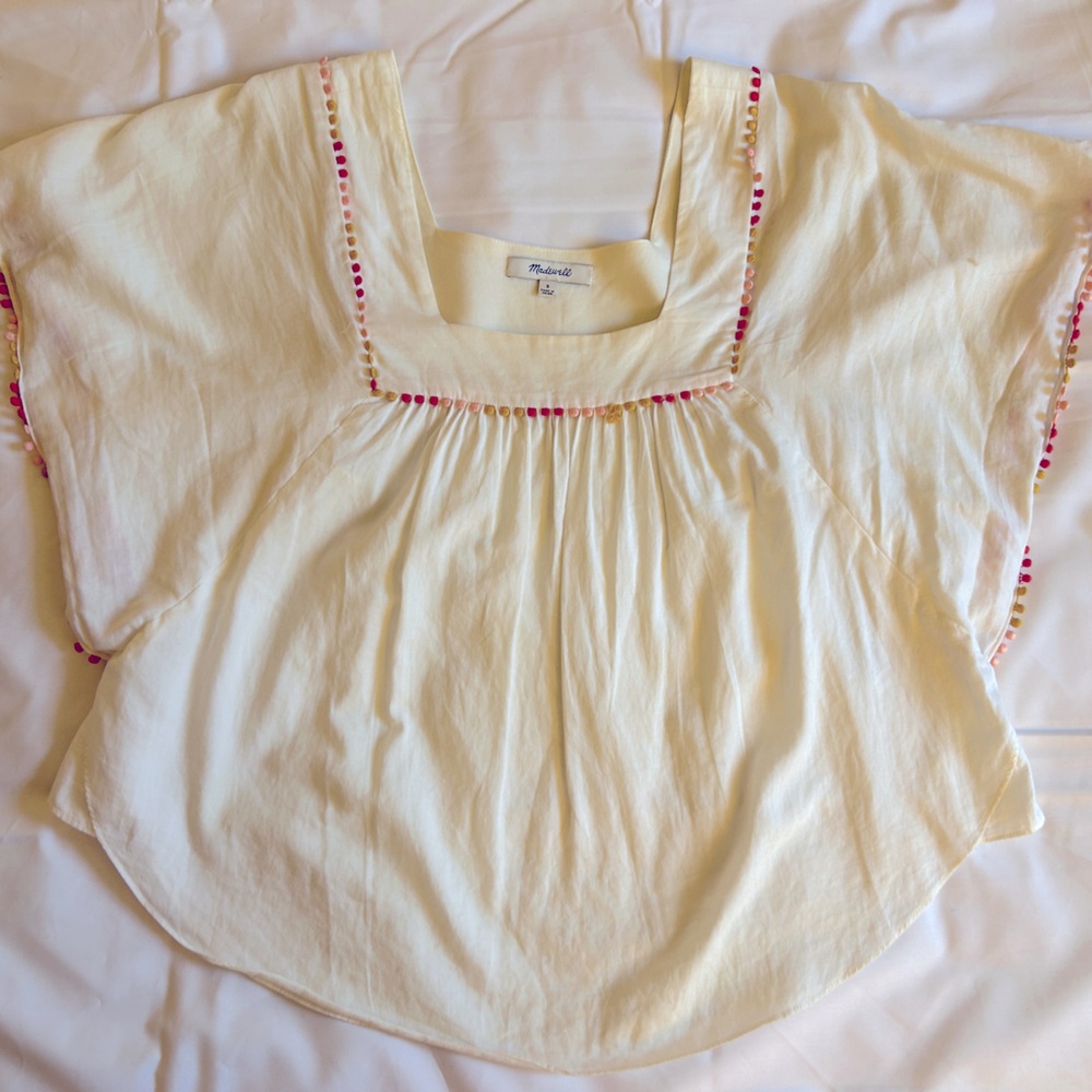 Madewell white flowy cropped top with colorful Pom poms